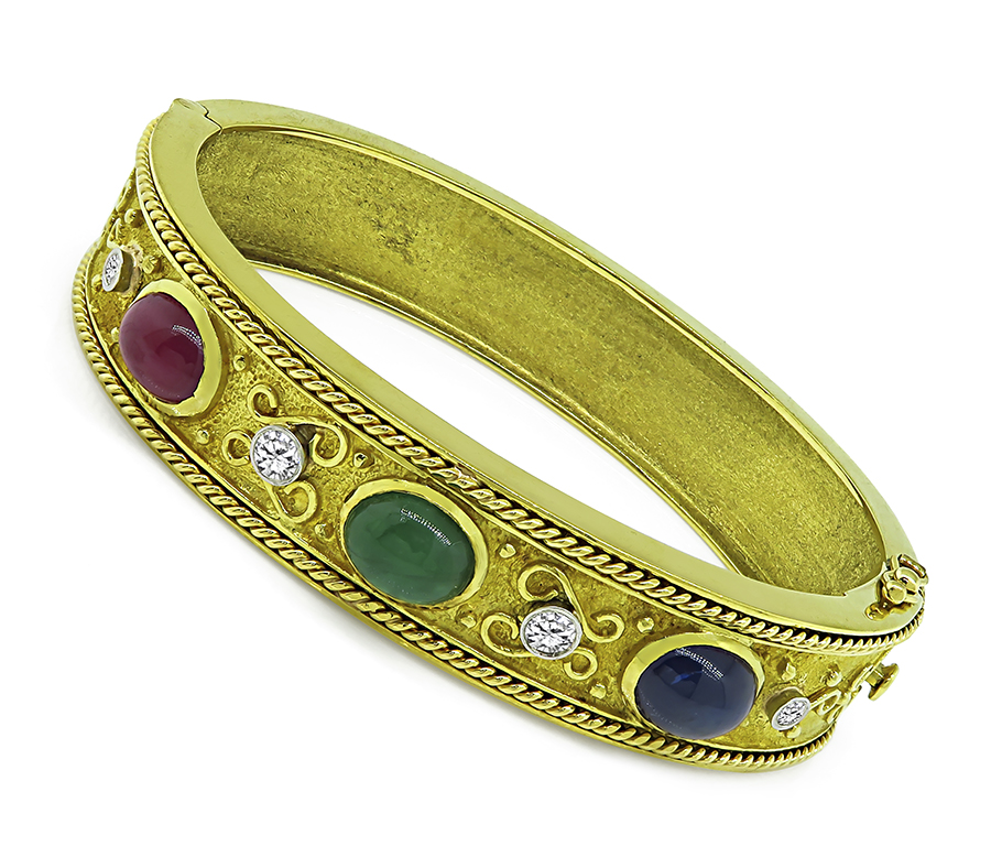 Estate 7.50ct Multi Color Precious Gemstone Diamond Gold Bangle