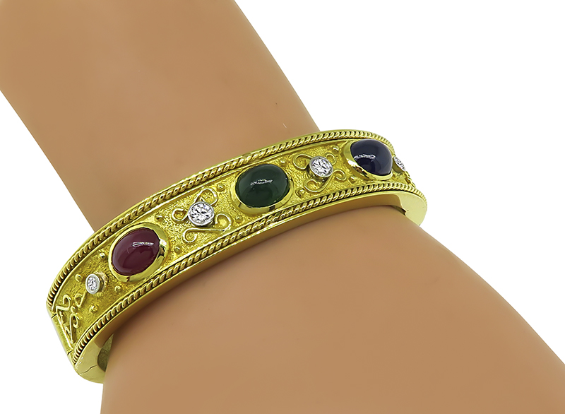 Estate 7.50ct Multi Color Precious Gemstone Diamond Gold Bangle