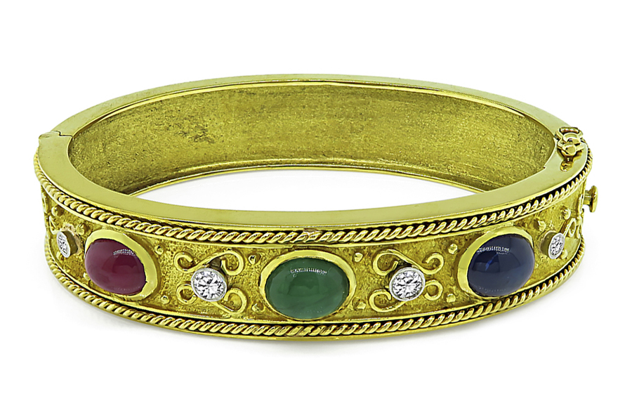 Estate 7.50ct Multi Color Precious Gemstone Diamond Gold Bangle