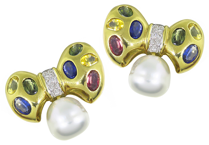 Estate Pearl 9.00ct Sapphire Diamond Ribbon Earrings