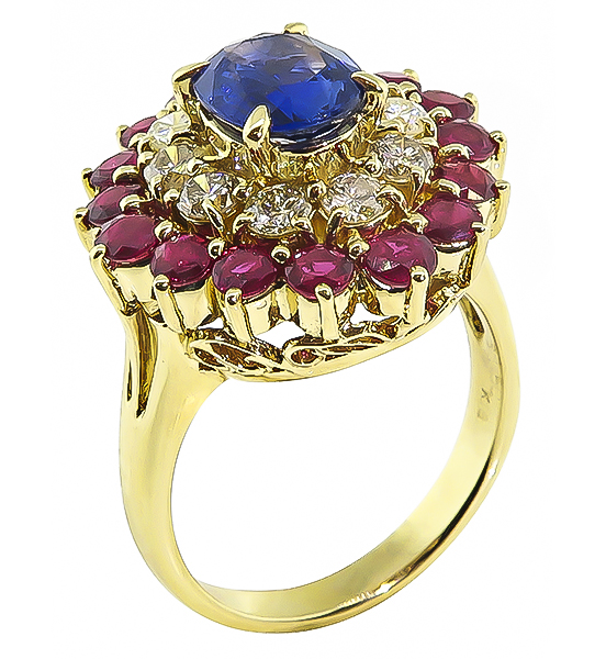 Estate 1.50ct Sapphire 1.44ct Ruby 0.78ct Diamond Gold Cocktail Ring