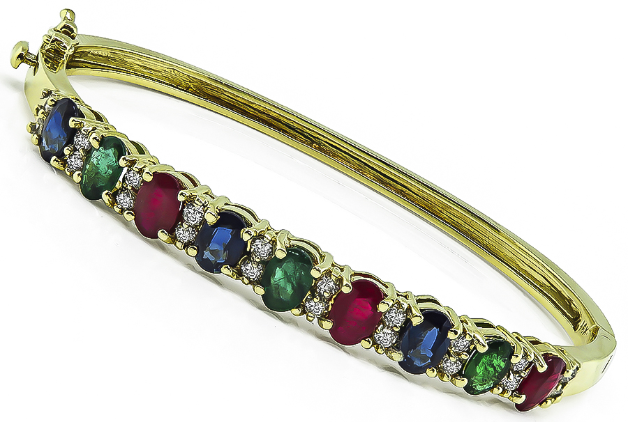 Estate 8.70ct Multi Color Precious Stone 0.80ct Diamond Gold Bangle