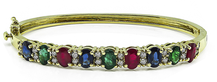 Estate 8.70ct Multi Color Precious Stone 0.80ct Diamond Gold Bangle