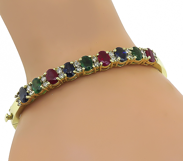 Estate 8.70ct Multi Color Precious Stone 0.80ct Diamond Gold Bangle