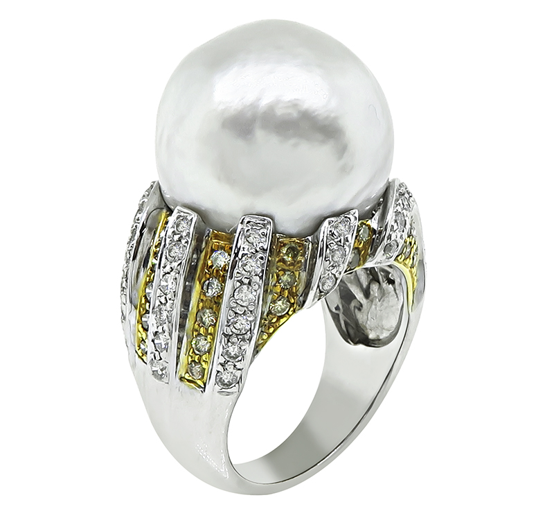 Estate South Sea Pearl 1.75ct Diamond and Fancy Light Brown Diamond Ring