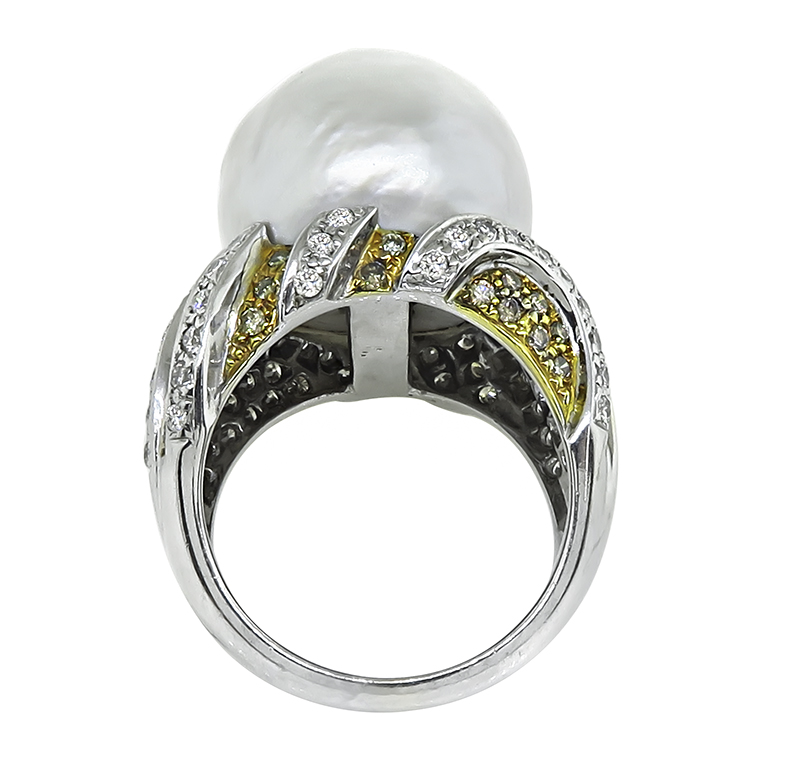 Estate South Sea Pearl 1.75ct Diamond and Fancy Light Brown Diamond Ring