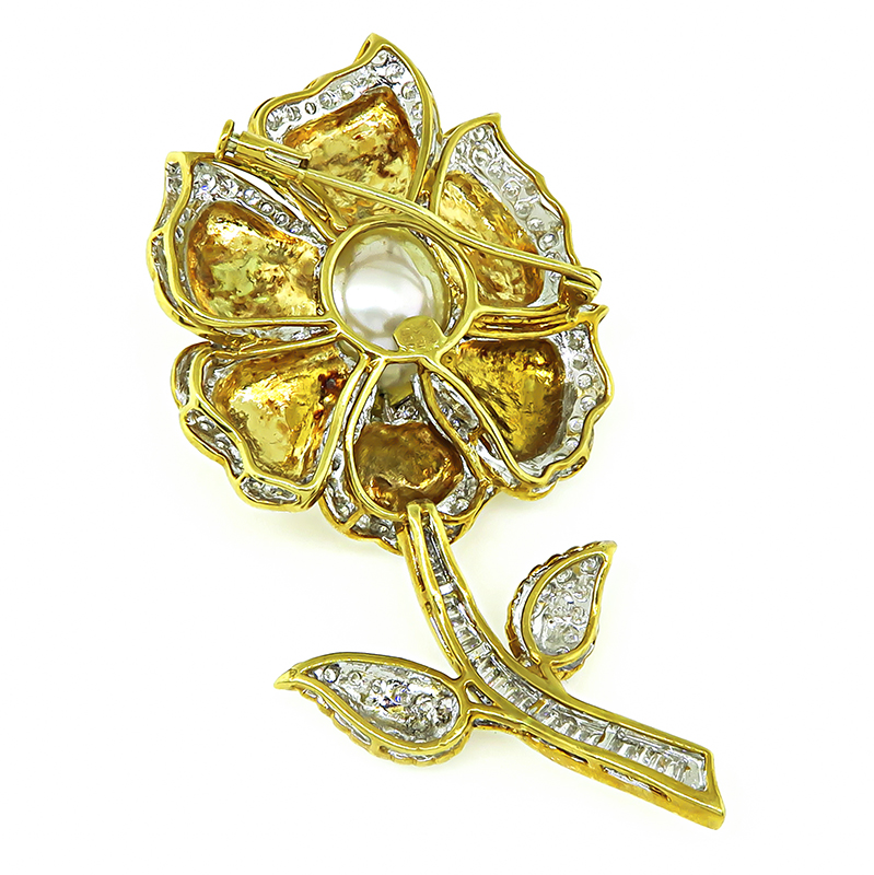 Estate South Sea Pearl 3.50ct Diamond Gold Flower Pin