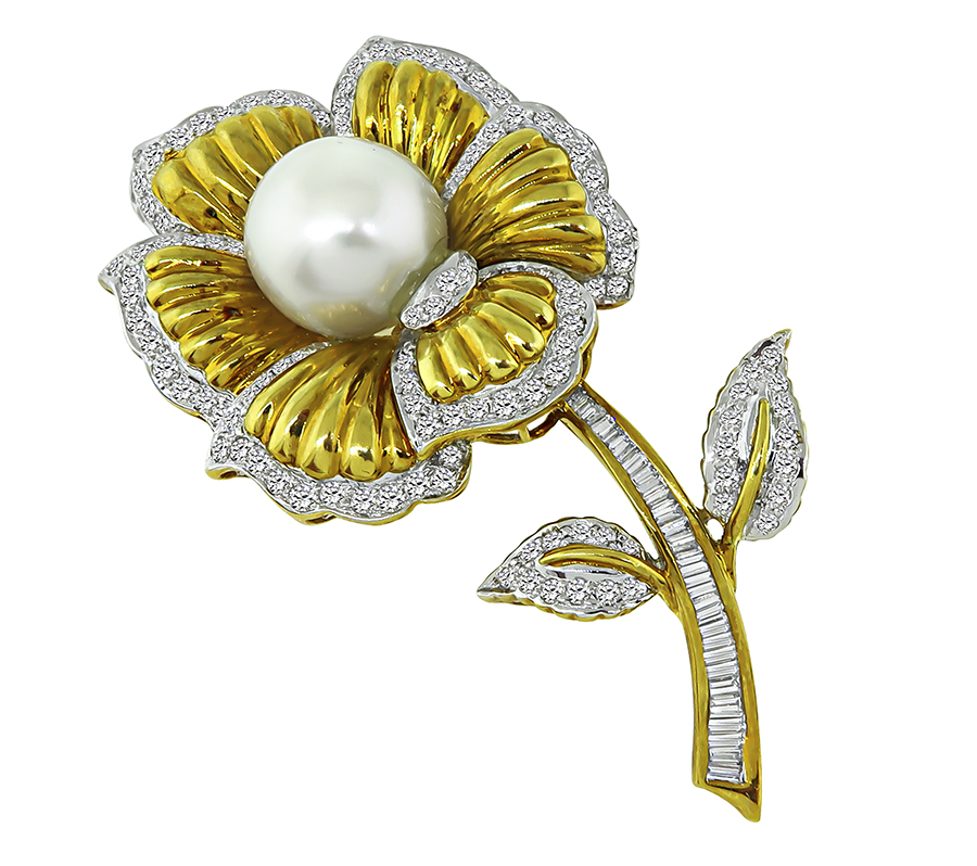 Estate South Sea Pearl 3.50ct Diamond Gold Flower Pin