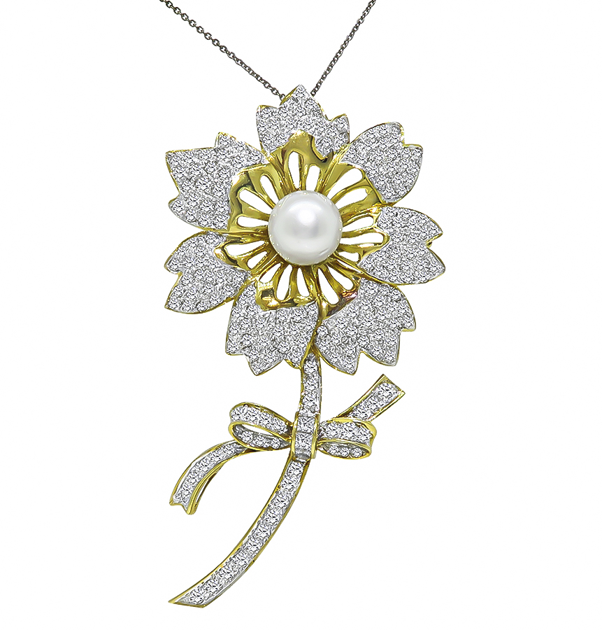 Estate South Sea Pearl 7.00ct Diamond Gold Flower Pin/Pendant