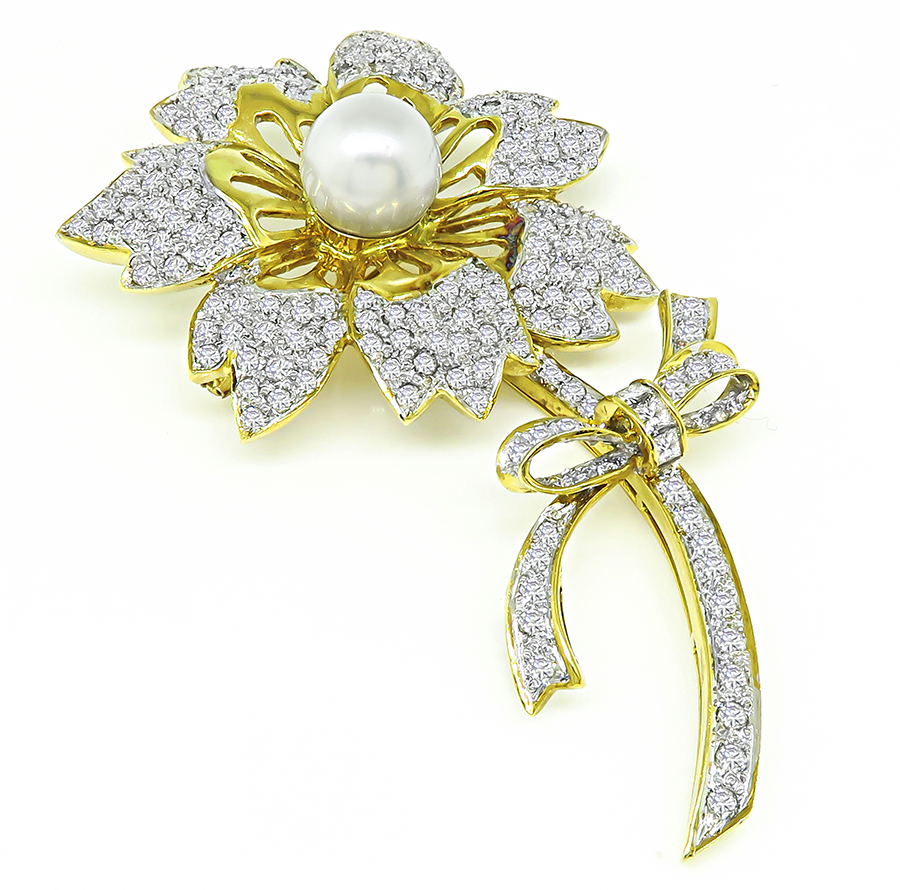 Estate South Sea Pearl 7.00ct Diamond Gold Flower Pin/Pendant