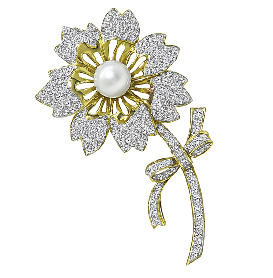 Estate South Sea Pearl 7.00ct Diamond Gold Flower Pin/Pendant