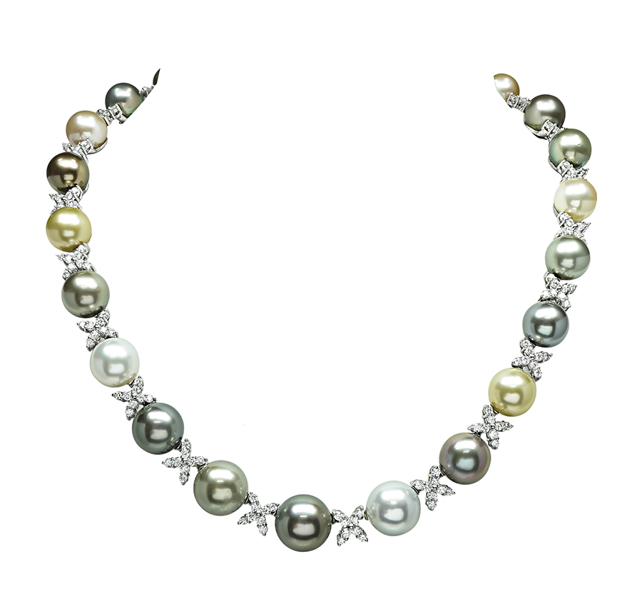 Estate 4.50ct Diamond Multi Color South Sea Pearl Necklace