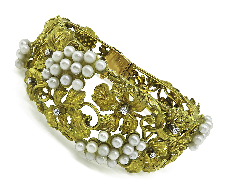 Estate Spitzer and Furman Pearl Diamond Gold Bracelet