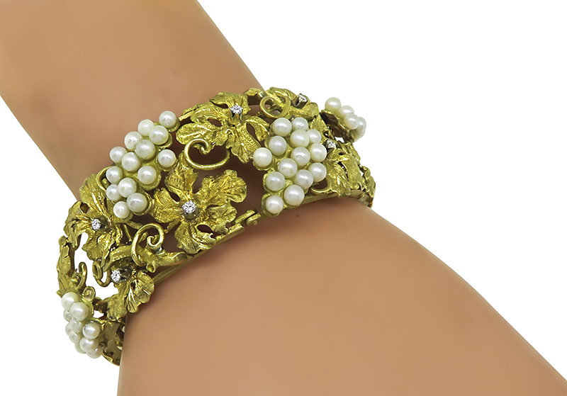 Estate Spitzer and Furman Pearl Diamond Gold Bracelet