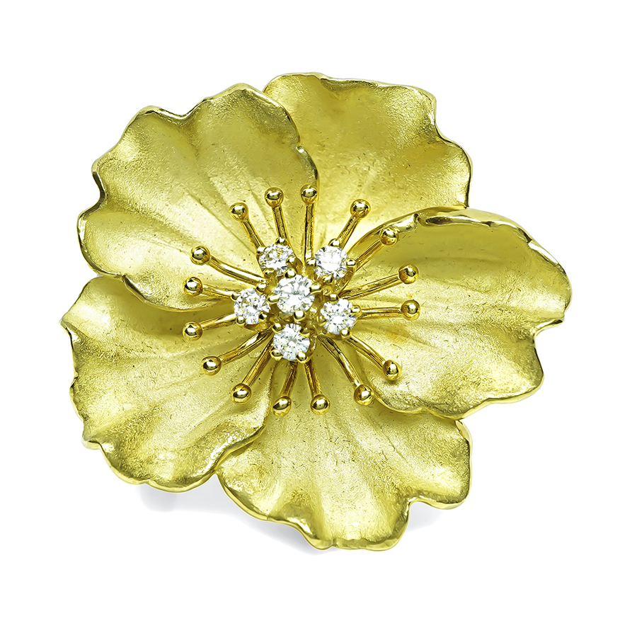 Estate Tiffany & Co 0.50ct Diamond Gold Flower Pin