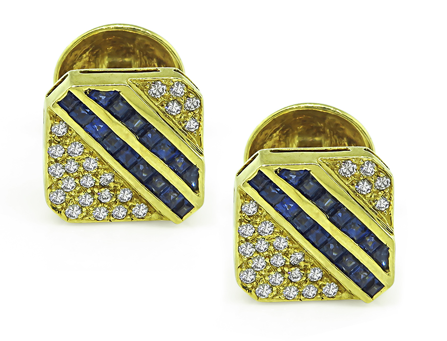 Estate Tiffany & Co 0.60ct Sapphire 0.60ct Diamond Gold Cufflinks