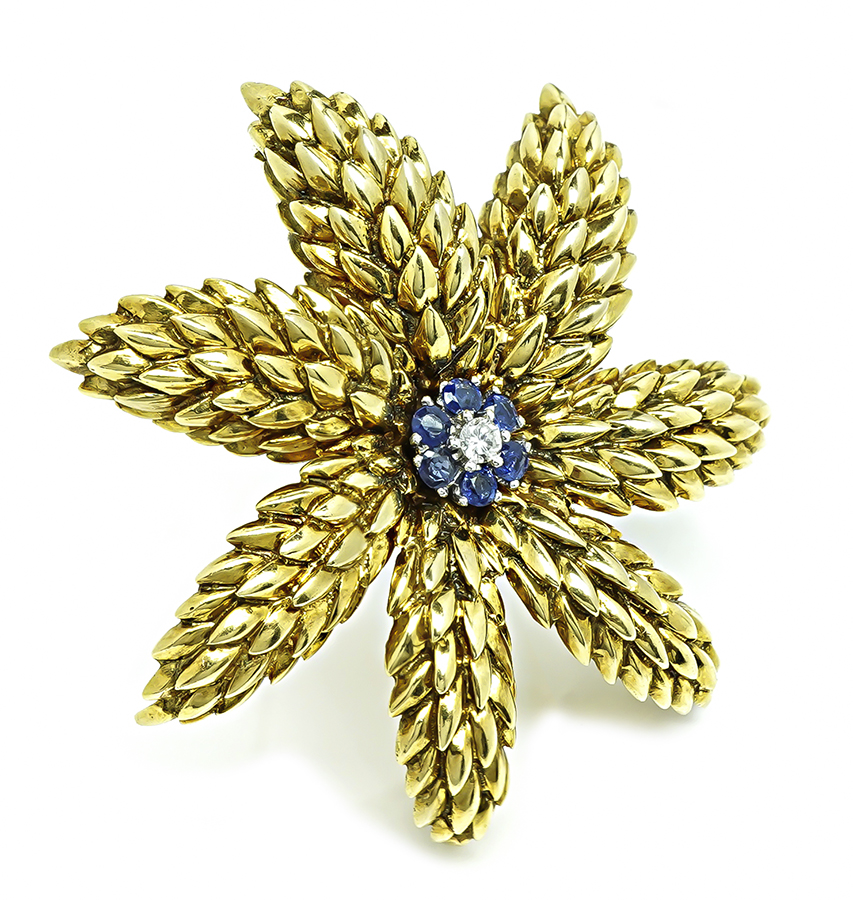 Estate Tiffany & Co Sapphire and Diamond Gold Flower Pin
