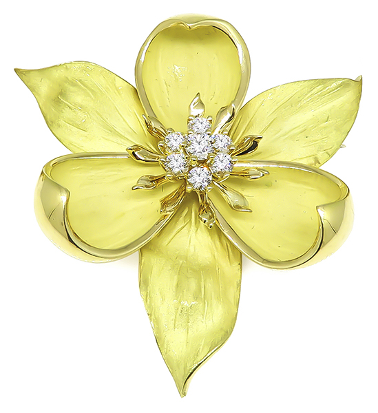 Tiffany & Co 1.25ct Diamond Gold Magnolia Pin and Dogwood Earrings Set