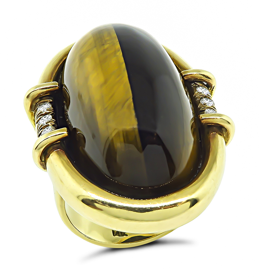 Vintage Tiger's Eye 0.20ct Diamond Gold Ring