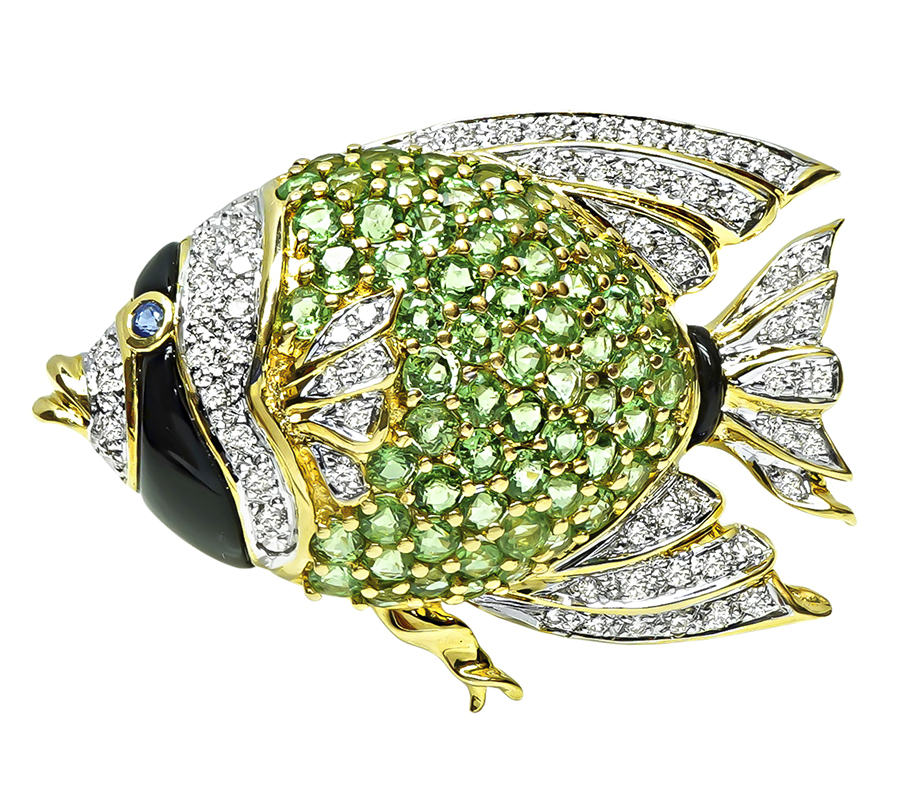 Estate 5.03ct Green Garnet 0.70ct Diamond Onyx Gold Fish Pin