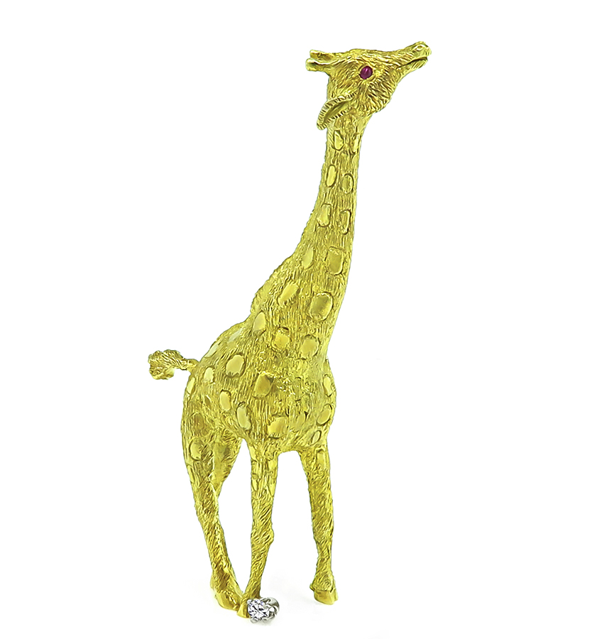 Estate Diamond Yellow Gold Giraffe Pin