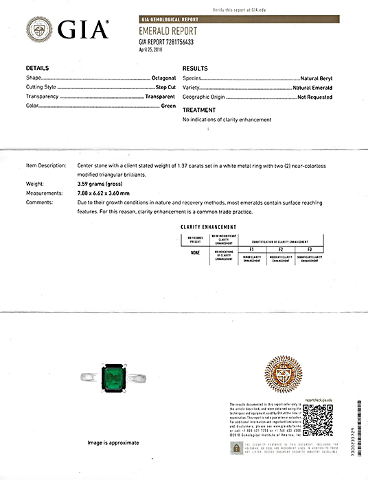 GIA Certified 1.37ct Natural No Oil Emerald Diamond Engagement Ring