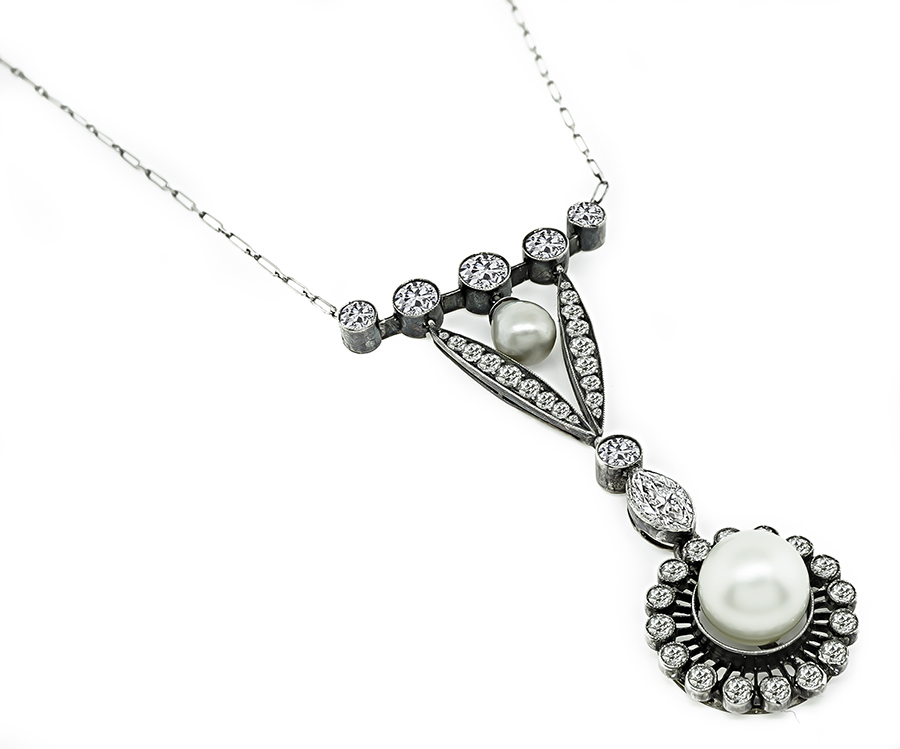 Victorian 3.00ct Diamond Pearl Pendant Necklace