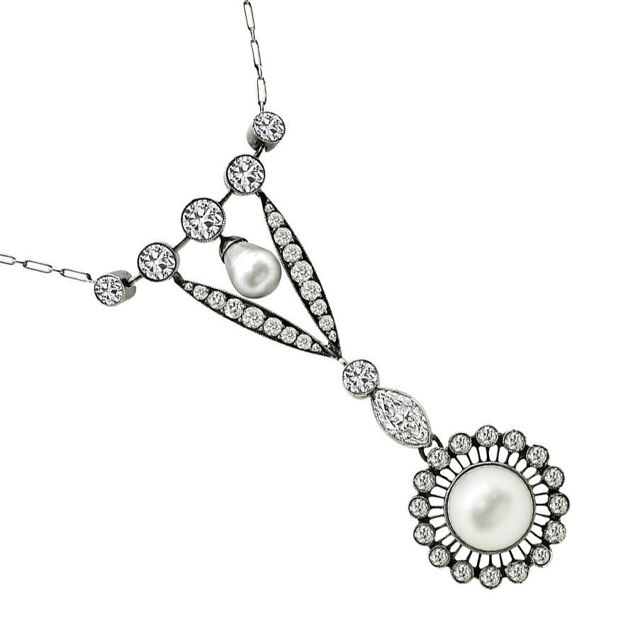 Victorian 3.00ct Diamond Pearl Pendant Necklace