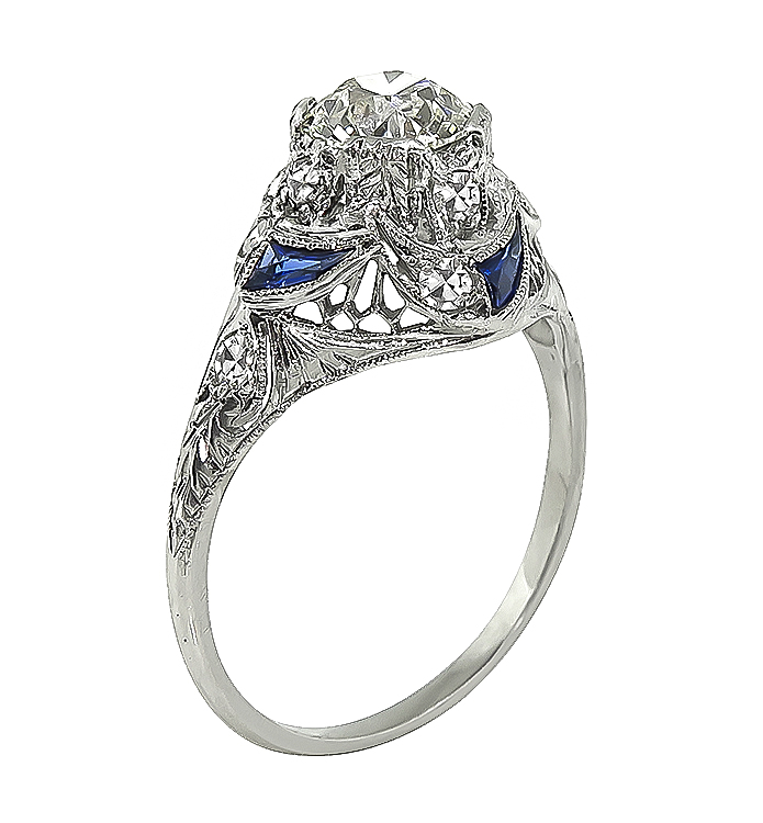 Art Deco 1.12ct Diamond Sapphire Engagement Ring