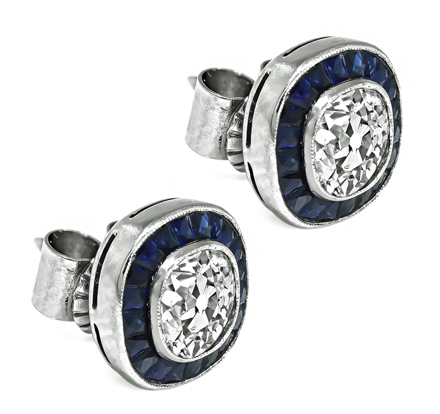 Vintage 1.85ct Diamond 0.80ct Sapphire Stud Earrings