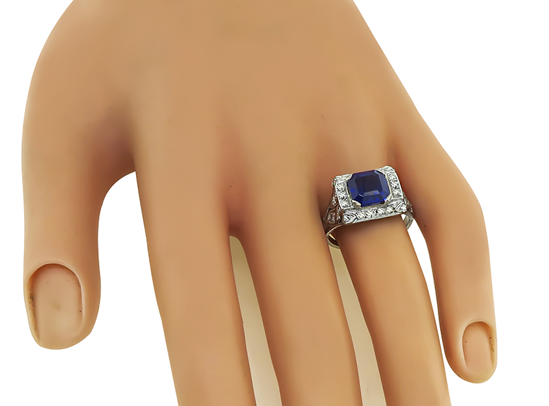 Art Deco 2.87ct Ceylon Sapphire 0.60ct Diamond Engagement Ring
