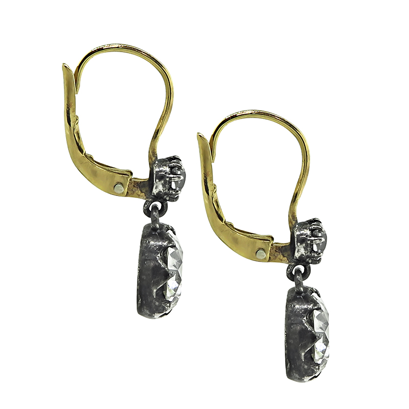 Vintage Old Mine Cut Diamond Silver and 14k Yellow Gold Earrings