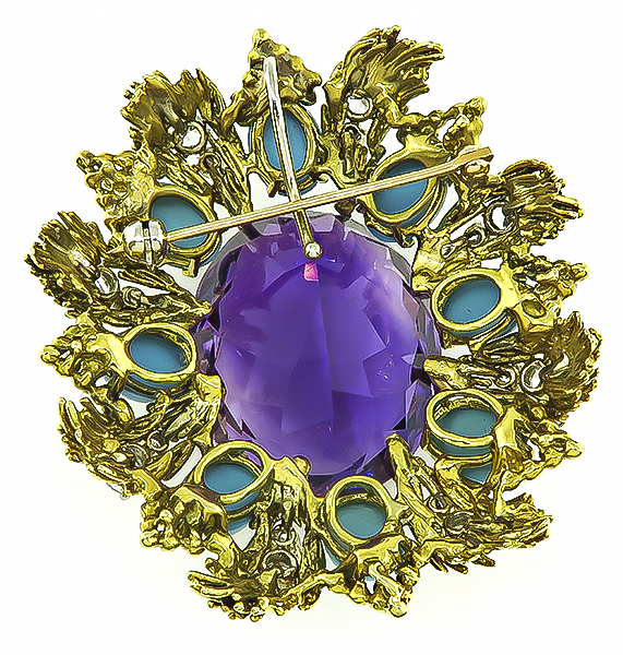 Vintage 35.00ct Amethyst 2.75ct Diamond Turquoise Pin/Pendant