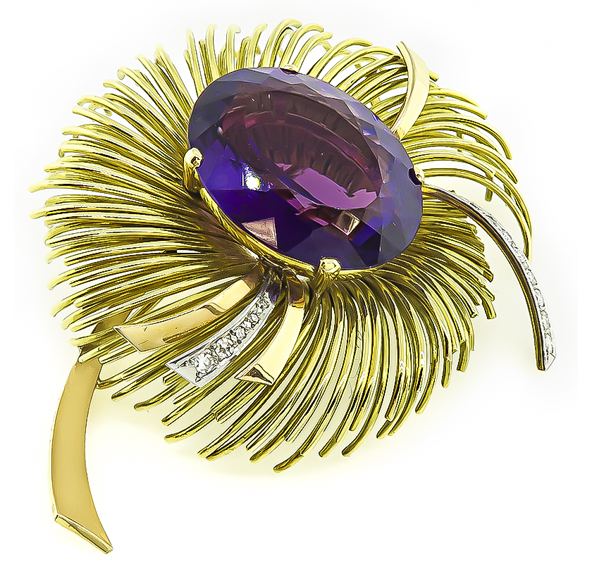 Vintage 30.00ct Amethyst Gold Flower Pin