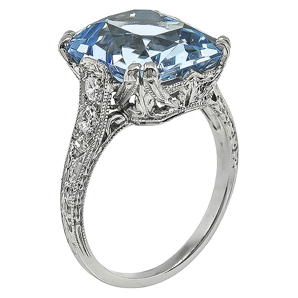 Antique 5.53ct Aquamarine 0.25ct Diamond Ring