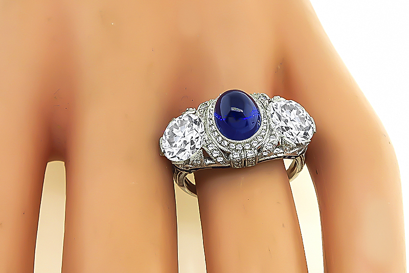 Vintage AGL and GIA 2.91ct Kashmir No Heat Sapphire GIA 1.46ct and 1.45ct Diamond Ring