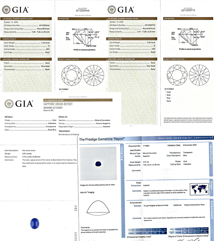 Vintage AGL and GIA 2.91ct Kashmir No Heat Sapphire GIA 1.46ct and 1.45ct Diamond Ring
