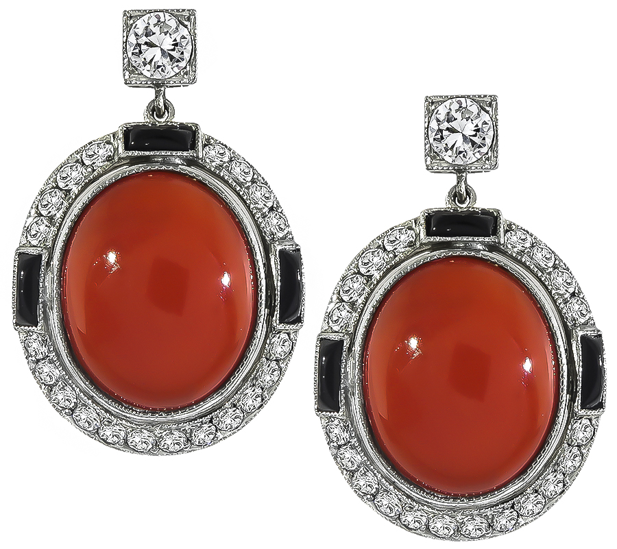 Vintage Coral 0.80ct Diamond Onyx Earrings