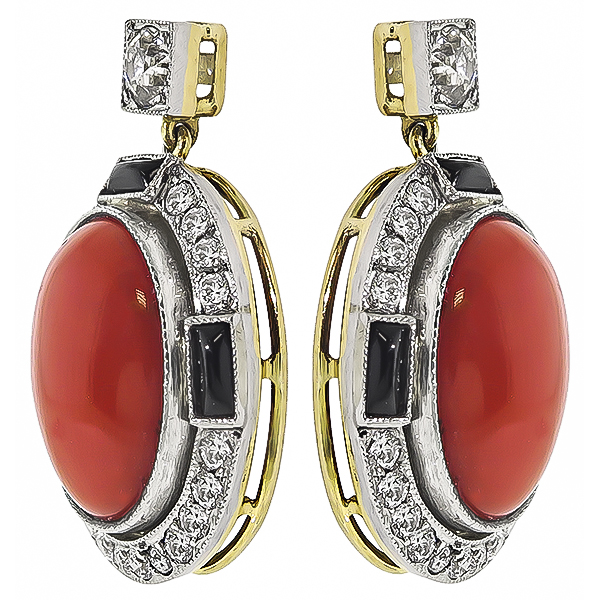 Vintage Coral 0.80ct Diamond Onyx Earrings