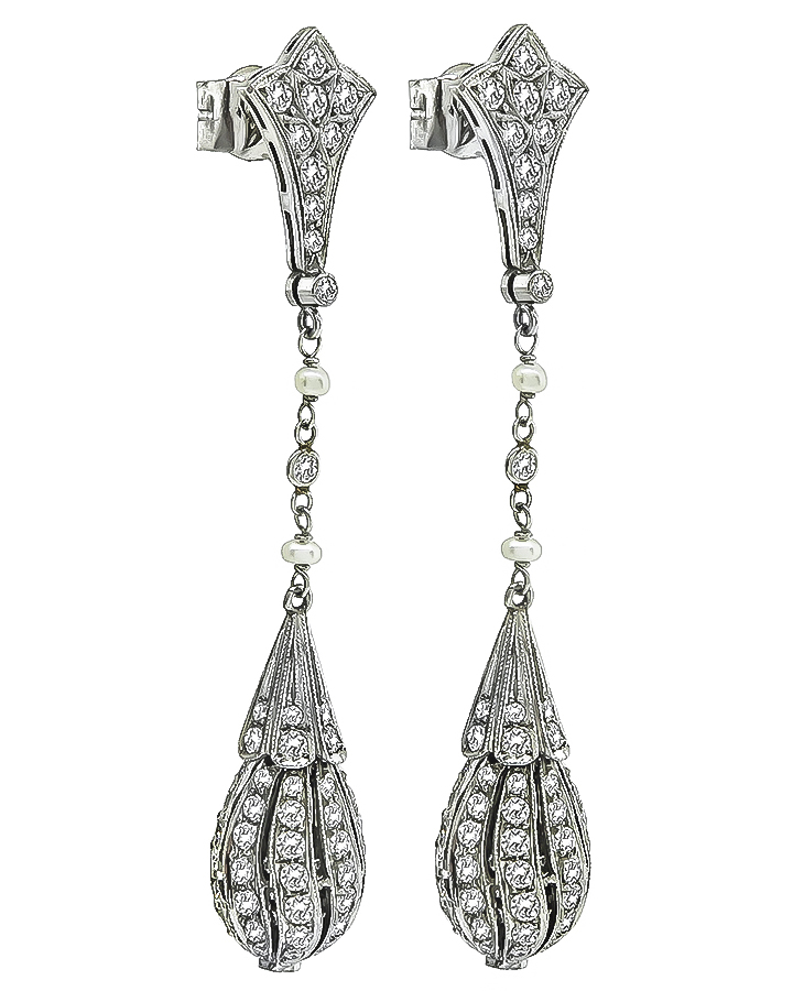 Vintage 4.00ct Diamond Pearl Hand Made Drop Earrings