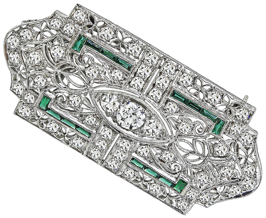 Art Deco 2.00ct Diamond Emerald Pendant / Pin