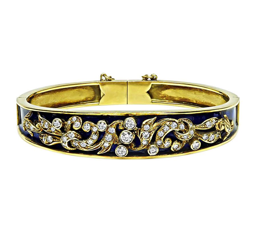 Vintage 1.00ct Diamond Enamel Gold Bangle