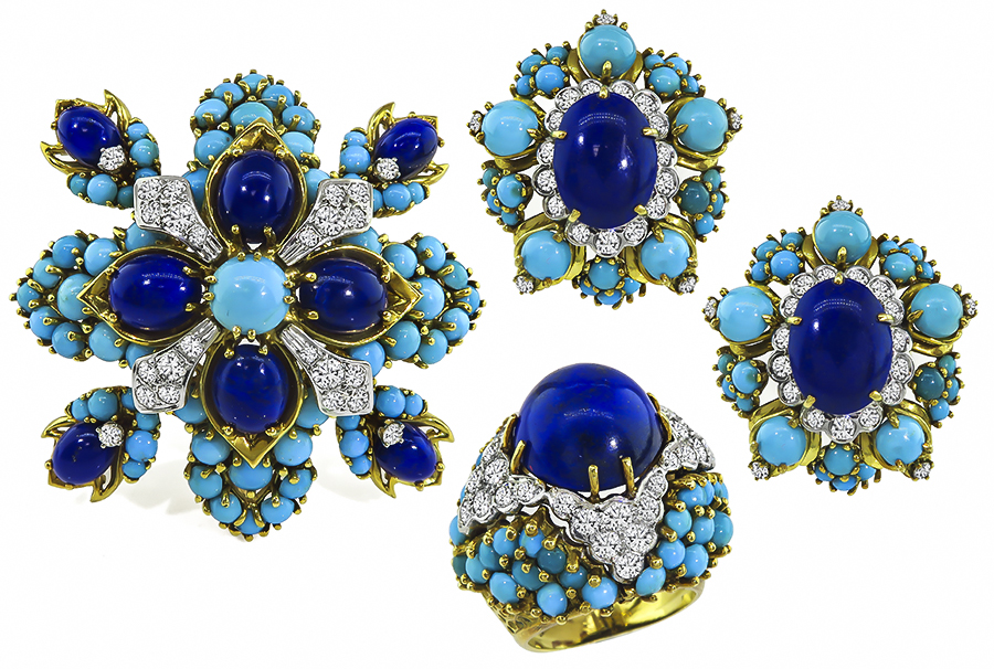 Vintage 4.50ct Diamond Lapis Turquoise Pin Earrings and Ring Set