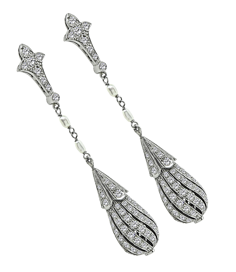 Art Deco 3.00ct Diamond Pearl Drop Earrings