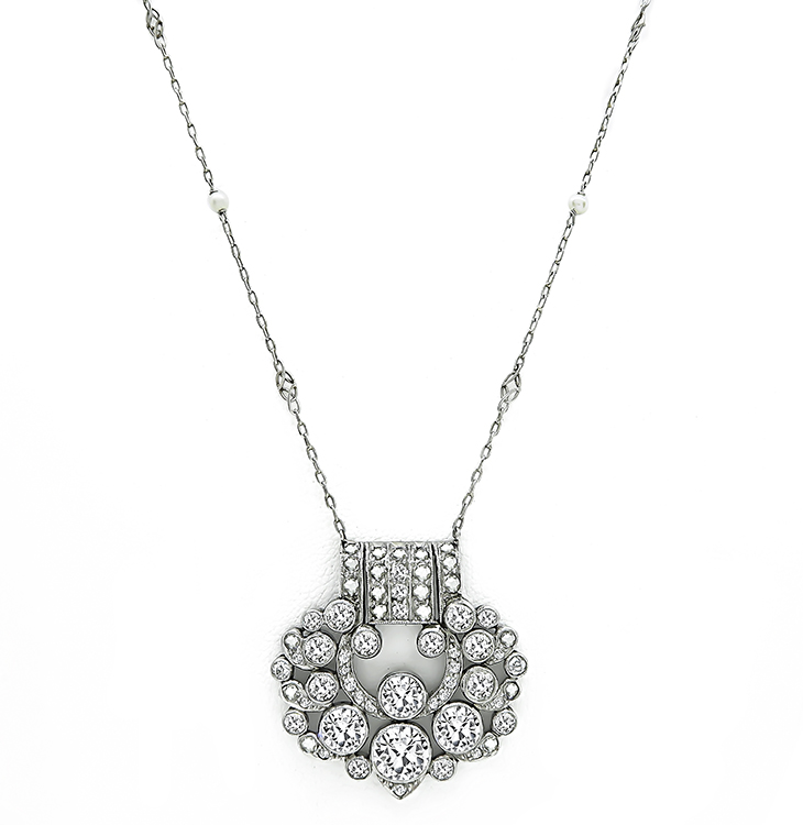 Art Deco 5.05ct Diamond Pearl Pendant Necklace