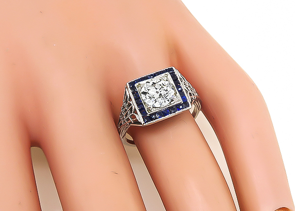 Art Deco 1.00ct Diamond Sapphire Engagement Ring