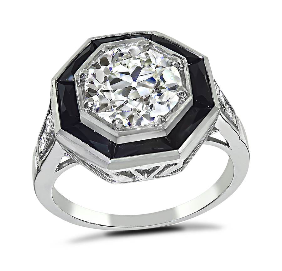 Estate GIA Certified 1.90ct Diamond Onyx Engagement Ring