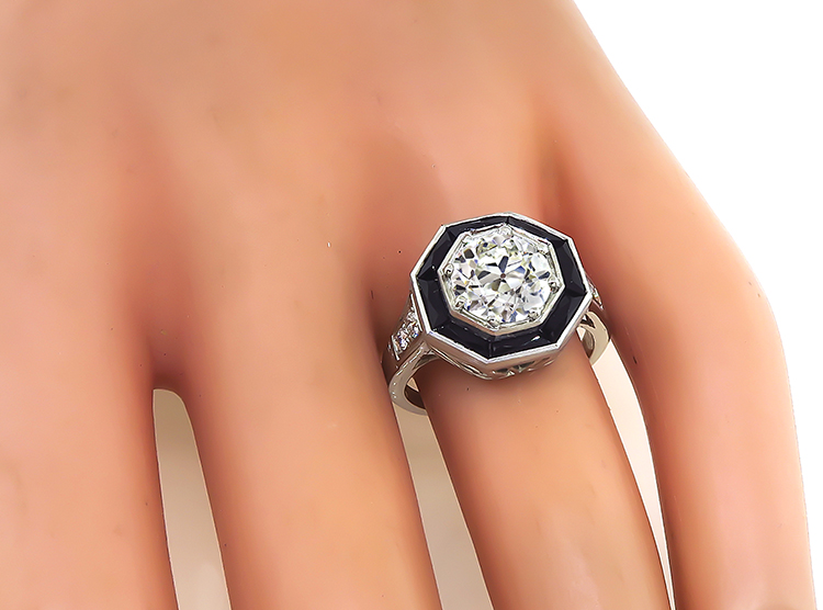 Estate GIA Certified 1.90ct Diamond Onyx Engagement Ring