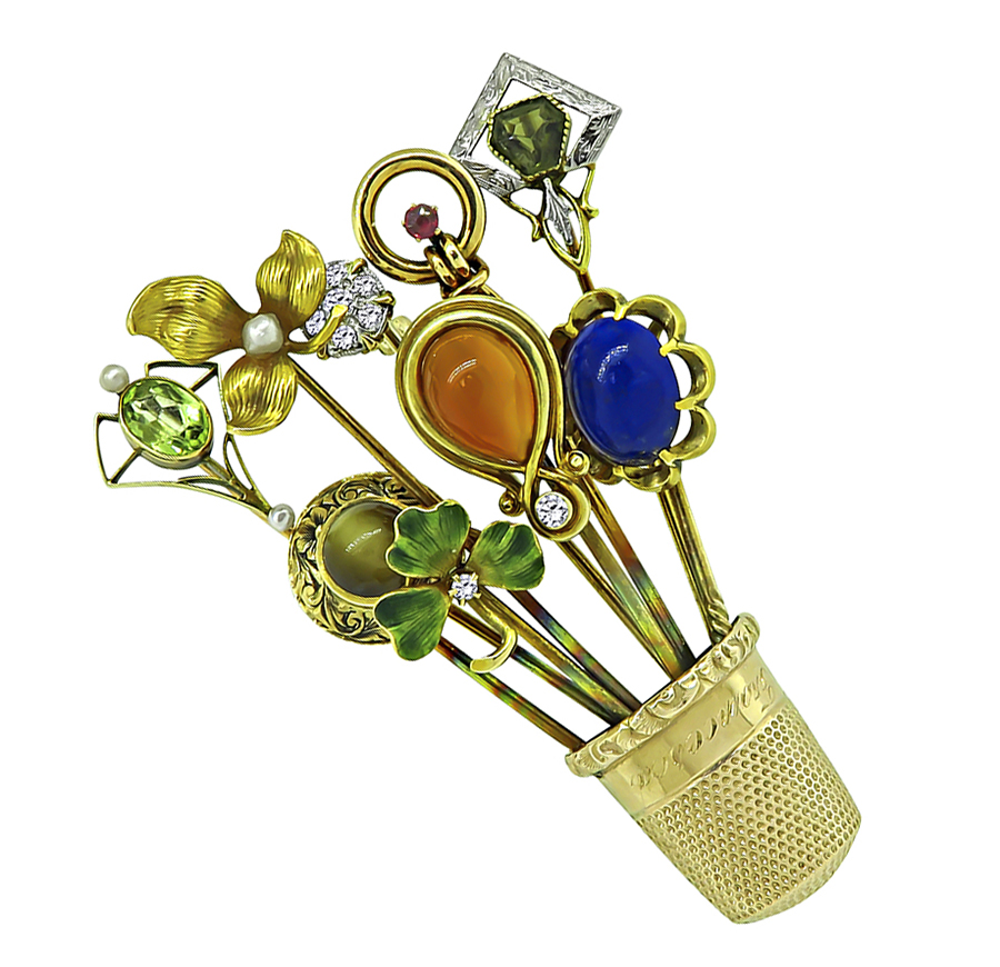 Victorian Diamond Multi Color Gemstone Enamel Gold Thimble Basket Pin