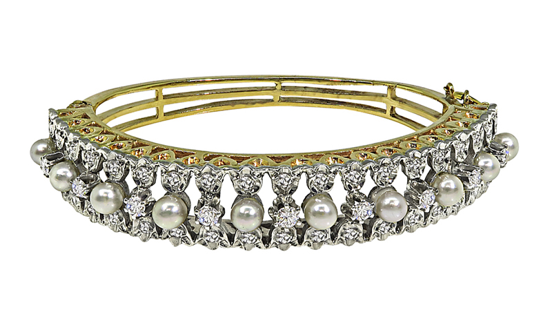 1940s Pearl 1.75ct Diamond Gold Bangle